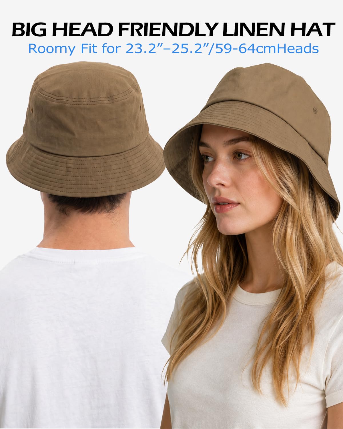 Zylioo Cappello da pescatore L/XL/XXL, per teste grandi, in lino, 60-63 cm, protezione solare UPF50+, cappello estivo UPF50+, cappello per esterni