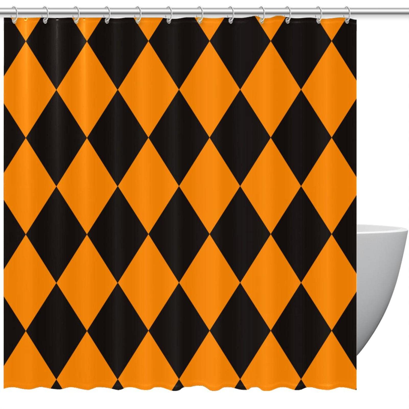 Rideau de douche Halloween citrouille en motif plaid jaune et noir lavable avec œillets 183 cm