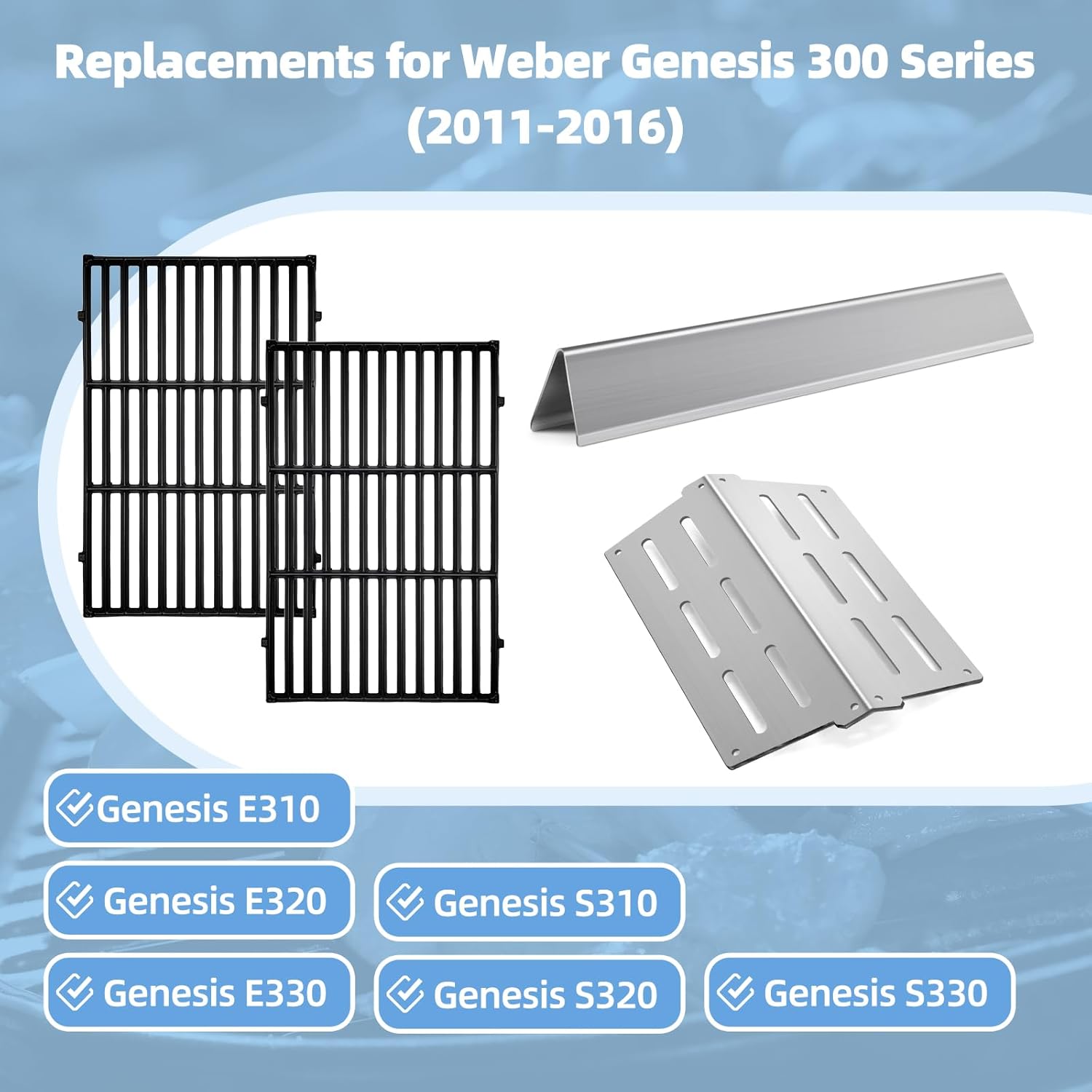 7524 Cast Iron Grill Grates and Stainless Steel 7520 flavorizer bar 7522 Heat Deflector Replacement Parts for Weber Genesis Grill 300 Series E-310 E-320 E-330 S-310 S-320 S-330 EP-320