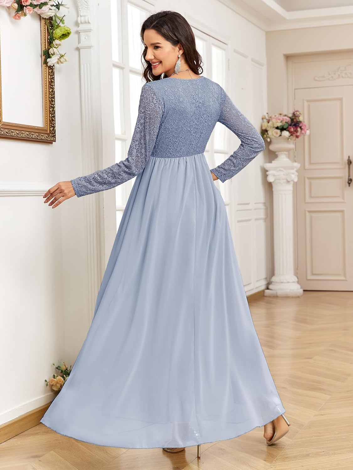 CYCLAMEN Maternity Dress Flowy A-Line Wrap Gown with Floral Lace and Contrast Chiffon Long Sleeve V Neck for Baby Shower - Image 6