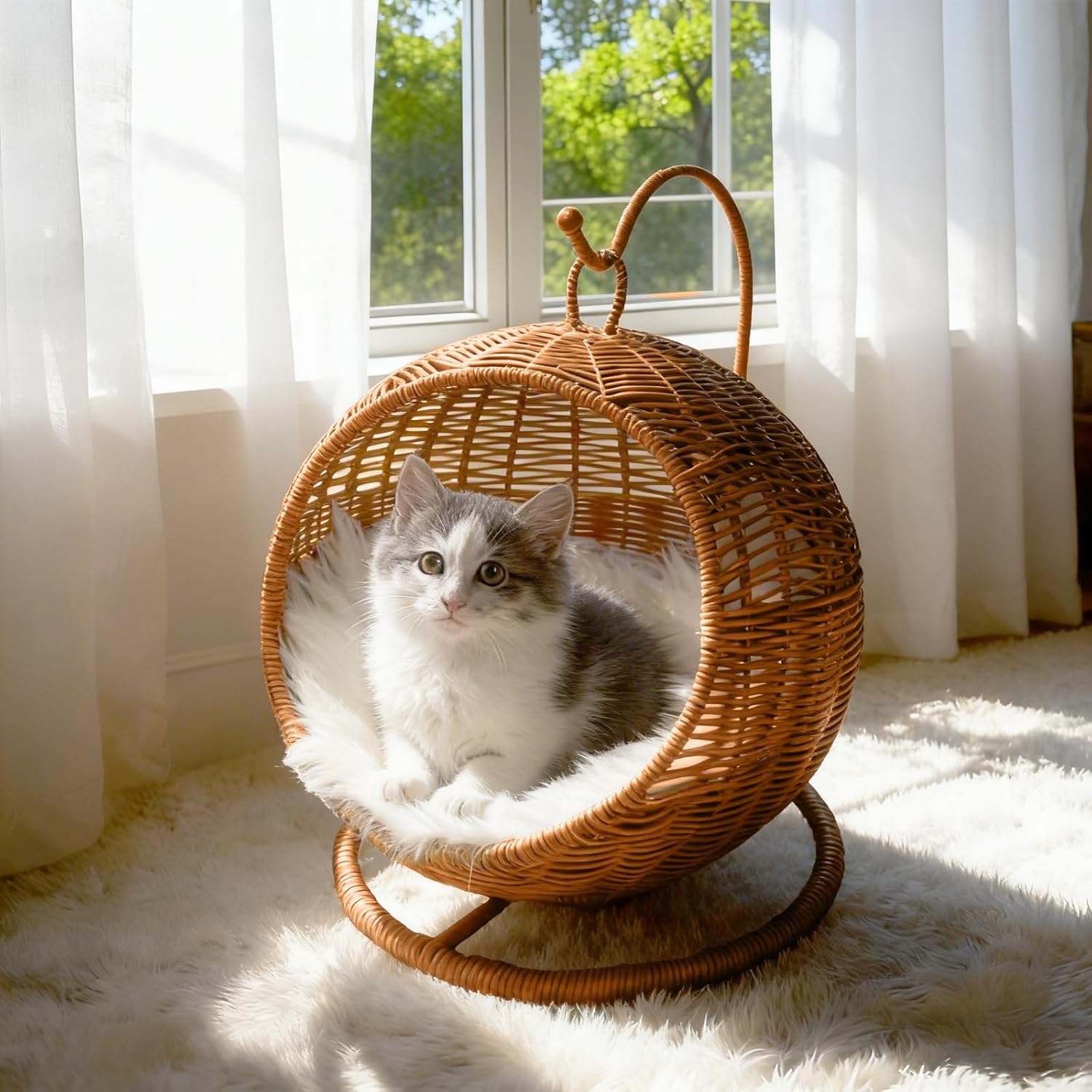 Wicker Cat Bed Indoor & Outdoor, Handwoven PP Rattan Cat Swing Bed with Removable Washable Cushion, Breathable Waterproof Cat House for Cats & Small Dogs (Small–11.4" L × 18.9" H)