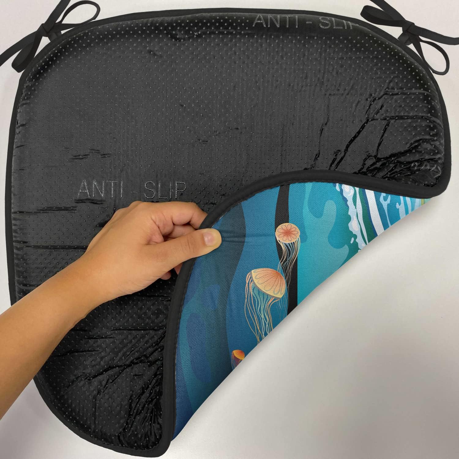 Lunarable Jellyfish Chair Cushion Pads Set 12, Jellyfish in The Sea and Coconut Island Trees Waves Under Starry Night Sky, Anti-Slip Seat Padding for Kitchen & Patio, 16"x16", Navy Mustard