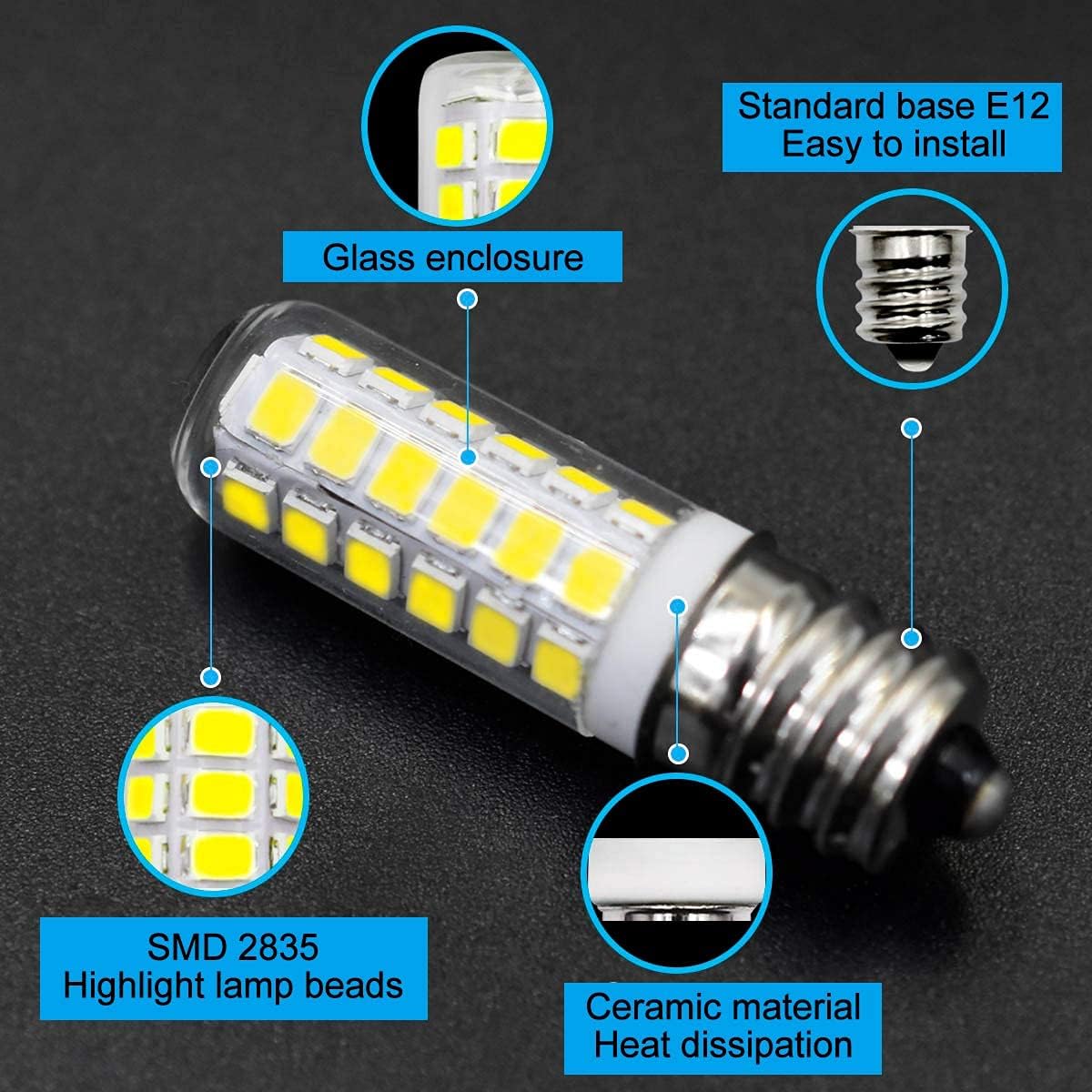 LED Appliance Light Bulb 2.5W T5 Tubular E12 Fridge Water Dispenser Lamp C7/S6 Clear Glass Candelabra Base for Chandeliers Home Lighting Refrigerator/Dryer Drum Light Daylight White 6000K, Pack of 5