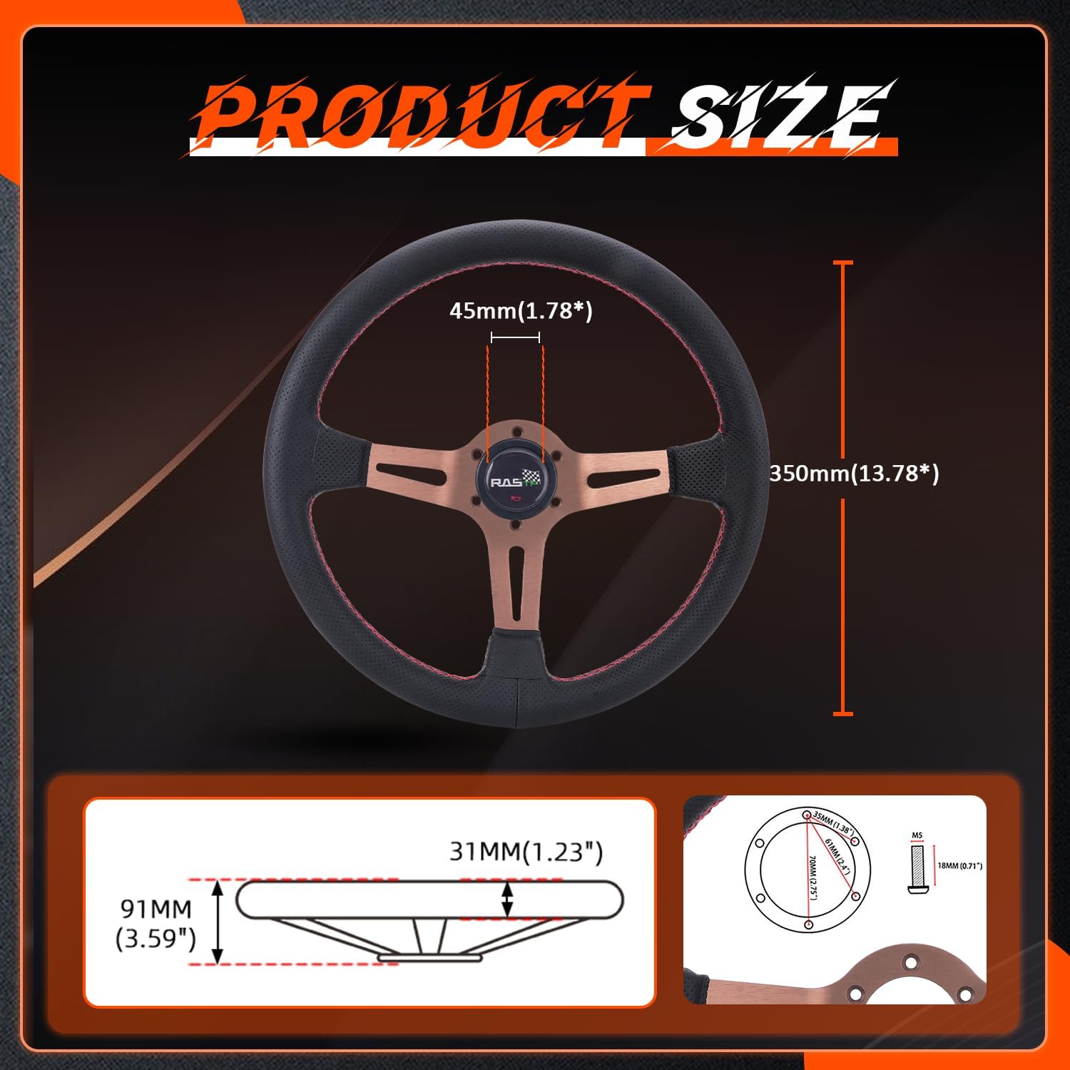 RASTP 13.8”/350mm Aluminum Alloy Spoke Racing Steering Wheel,Gold