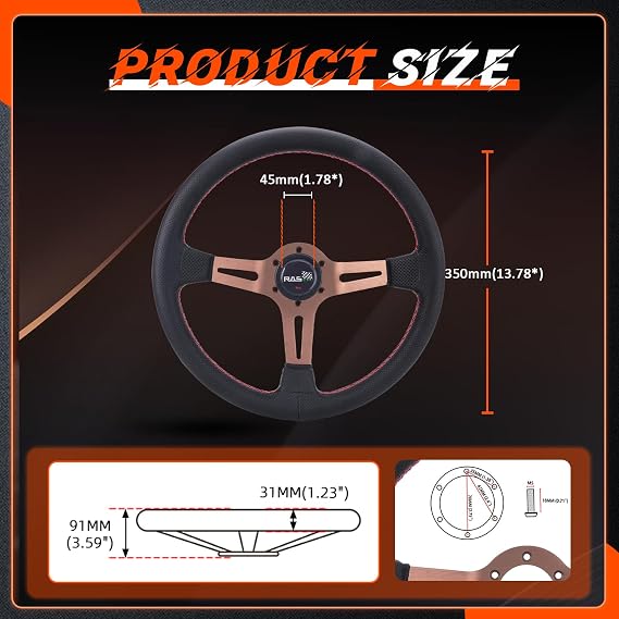 RASTP 13.8/350mm Aluminum Alloy Spoke Racing Steering Wheel,Gold | Grip PU Leather, 6 Bolt Steering Wheel