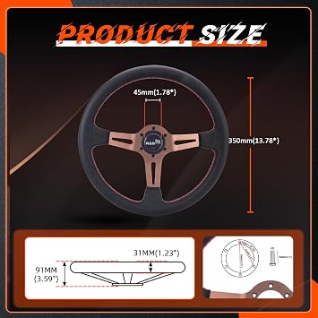 RASTP 13.8/350mm Aluminum Alloy Spoke Racing Steering Wheel,Gold | Grip PU Leather, 6 Bolt Steering Wheel