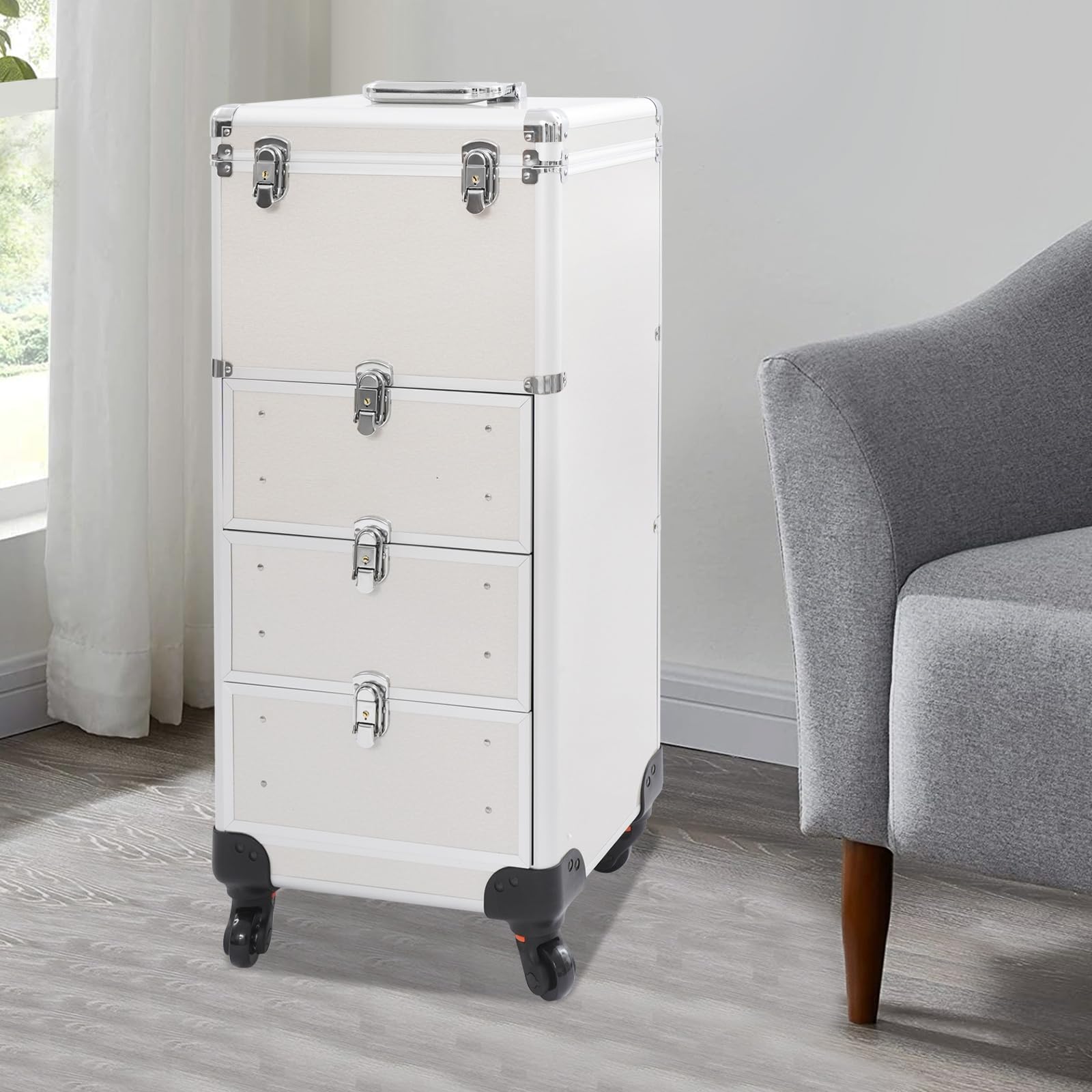 Valigetta cosmetica arrotolabile per trucchi da salone, professionale, organizer per cosmetici, trolley per trucchi, grande valigetta da parrucchiere, 107 x 34 x 27 cm, con cassetti, ruote girevoli a