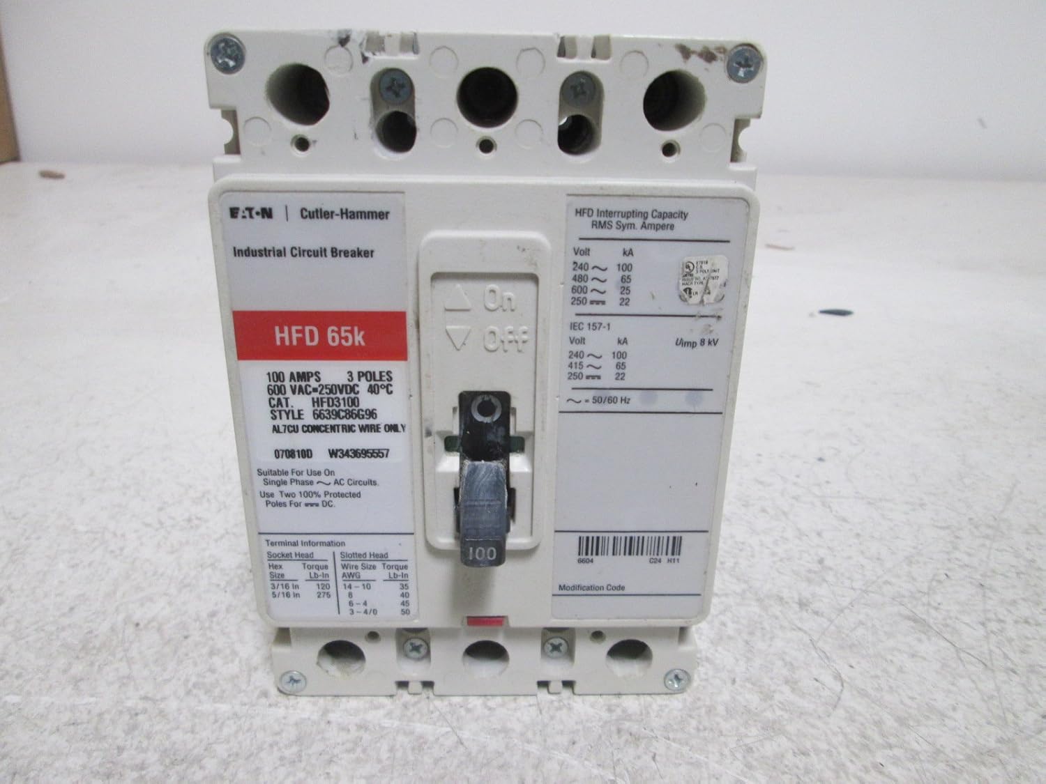 EATON CUTLER HAMMER HFD3100 CIRCUIT BREAKER, THERMAL MAG, 3P, 100A