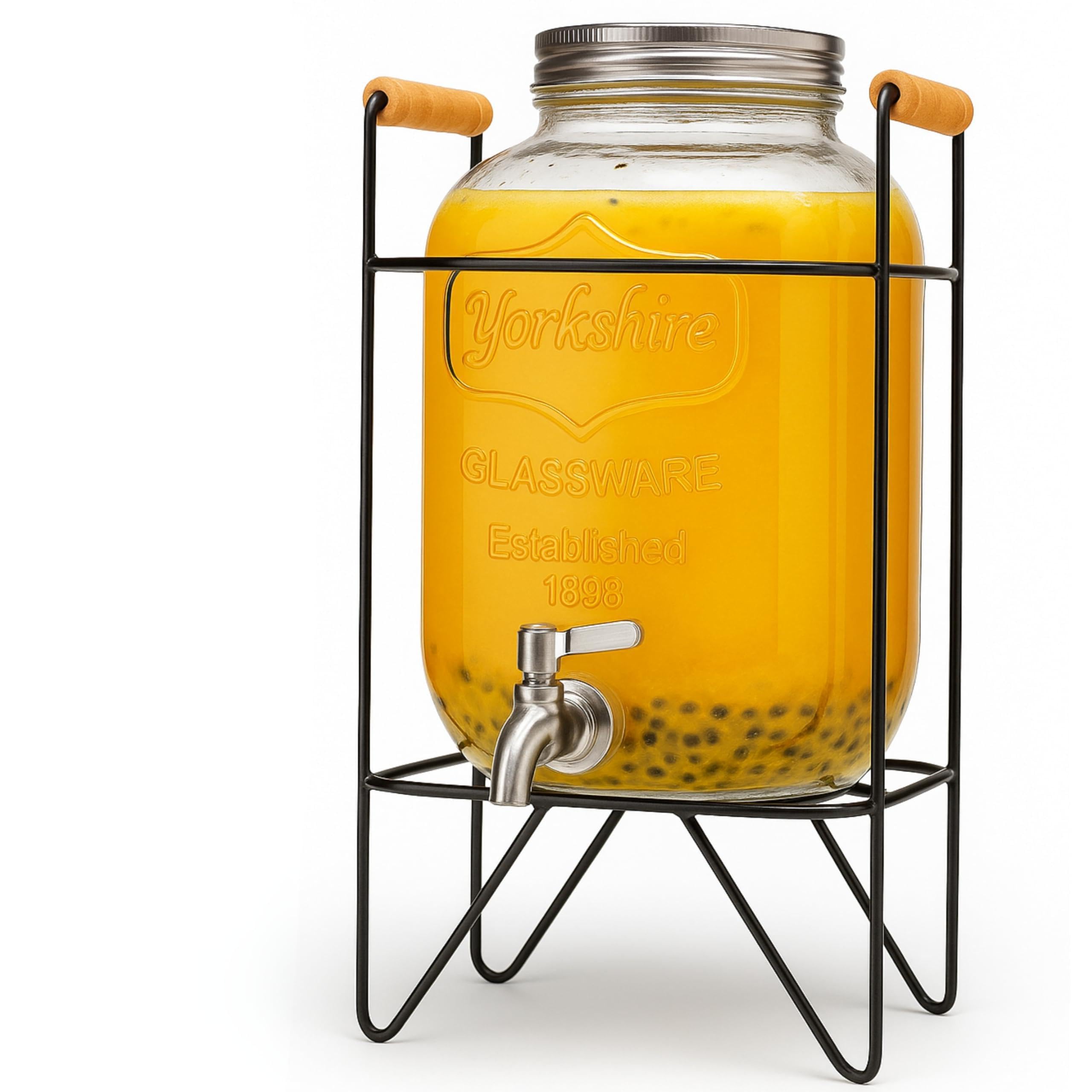 Distributeur de boissons avec robinet en inox - 4L - Support en métal noir finition bois - Style vintage - Pour toutes boissons froides