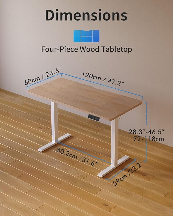 Cubiker Electric Standing Desk 120 x 60 cm, Height Adjustable Sit Stand Desk with Memory Presets, Home Office Computer Desk, White Frame with Oak Top