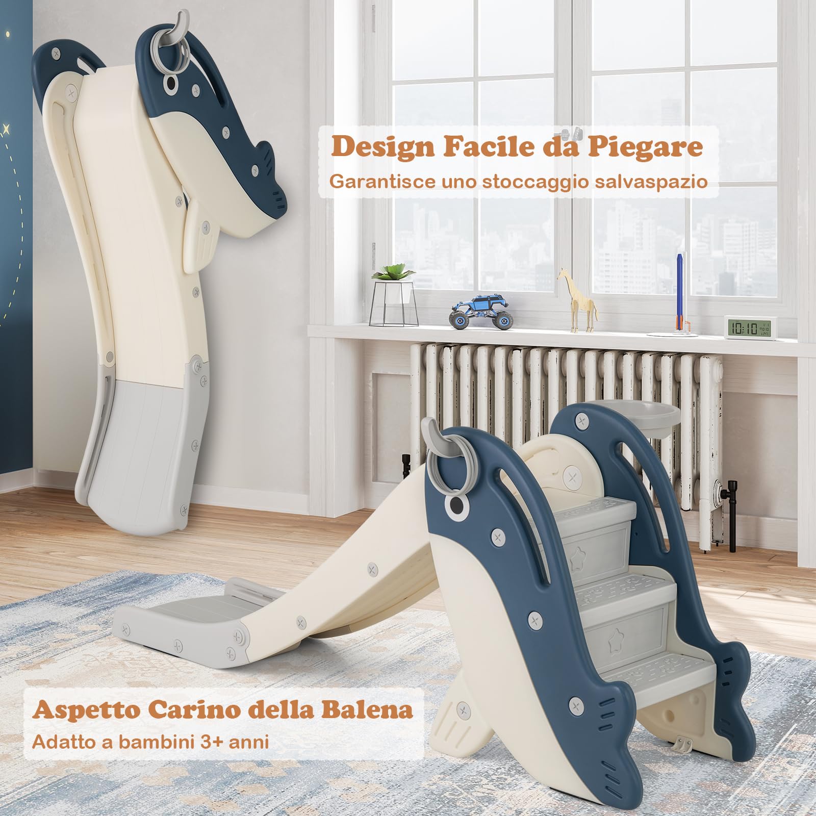 COSTWAY 4 in 1 Scivolo per Bambini, Set da Giocattolo Arrampicata con Canestro da Basket Lancio Palla ed Anelli, Scivolo Pieghevole da Interno ed Esterno per Bambini 3 Anni +