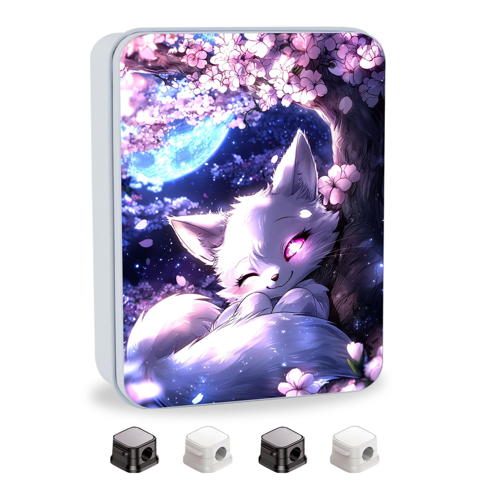 Metal Tin Box with Lid,Multi-functional Storage Large Box Can Store Tea Biscuits Game Cards, Playing &amp; Tarot Cards-Comes with 4 Magnetic Cord Clips,White Fox Cherry Tree