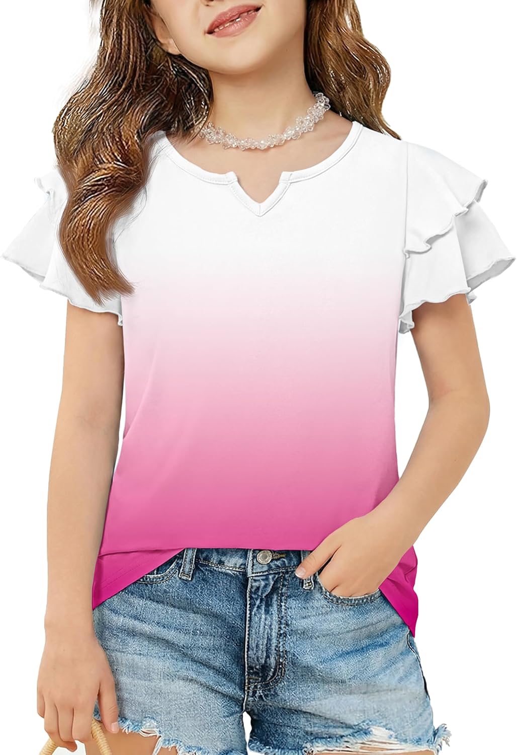 Arshiner Girls Ruffle Short Sleeve T Shirts Cute Little V Neck Tops Kids Summer Casual Blouses Clothes 5-12 Years
