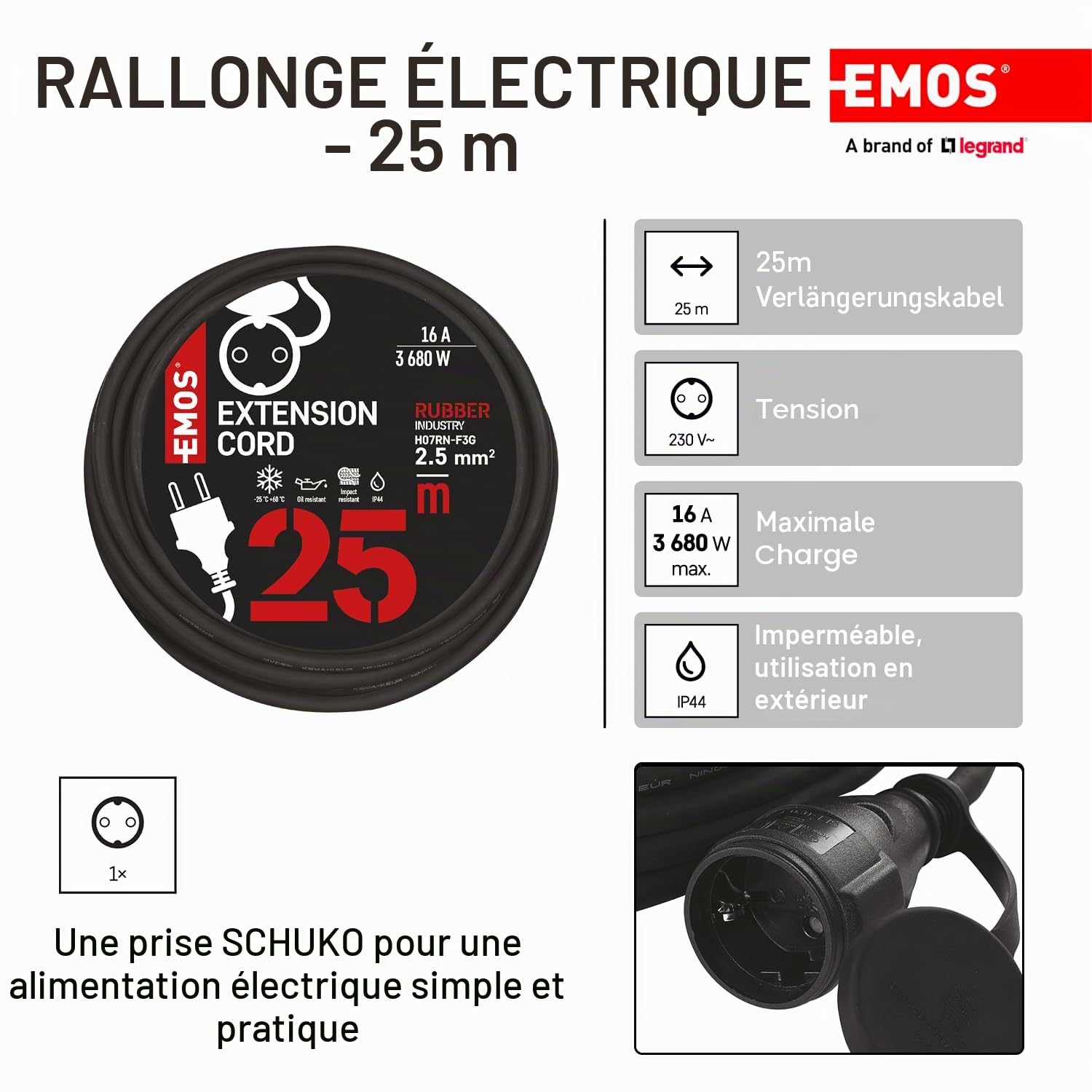EMOS Rallonge 25 m Schuko en caoutchouc pour extérieur IP44 H07RN-F3G 2,5 mm2