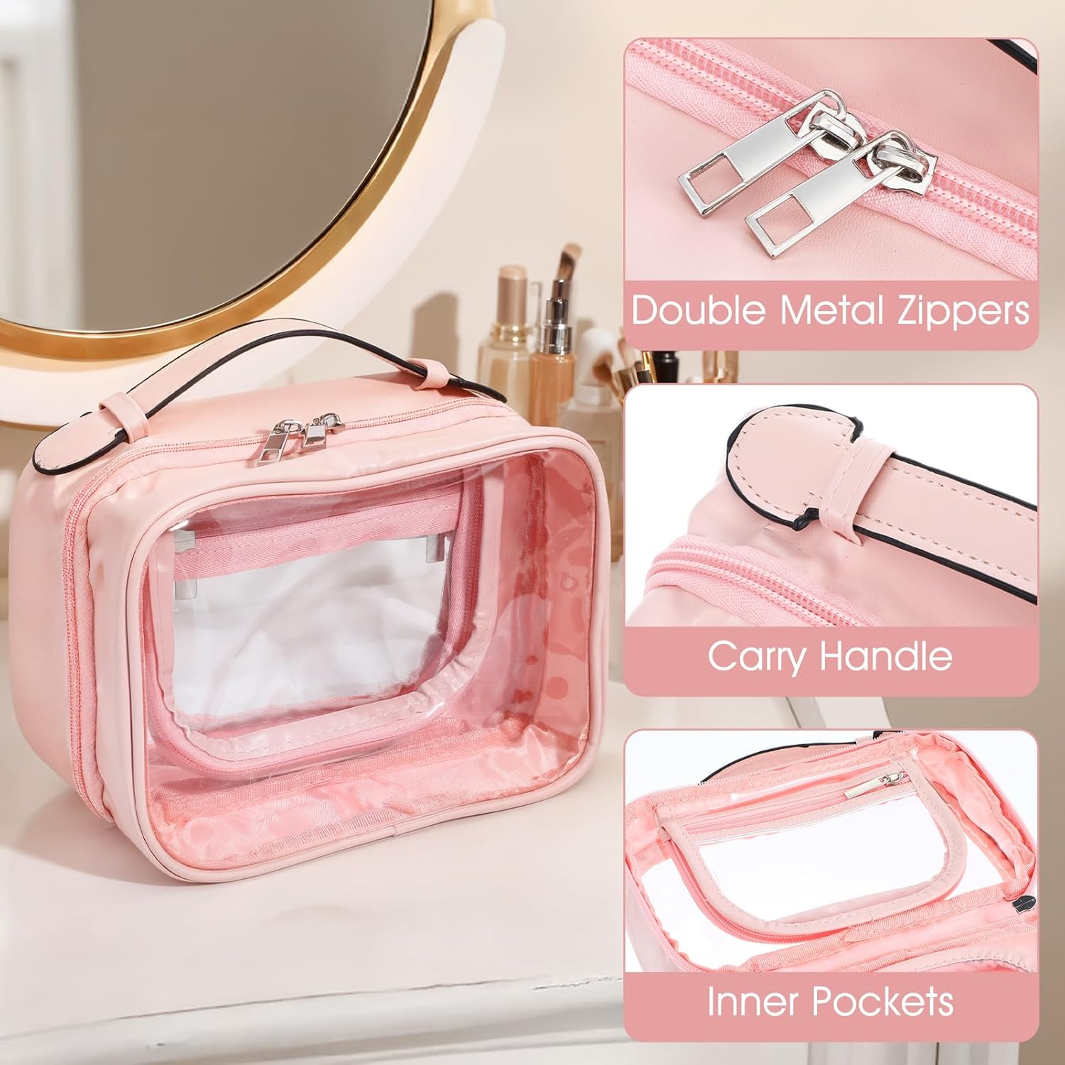 2 PCS traveling toiletry Case large clear cosmetics case makeup bag Dimensions | LxWxH:7.8” x 4.5” x 5.9”(pink, Medium) - Image 3