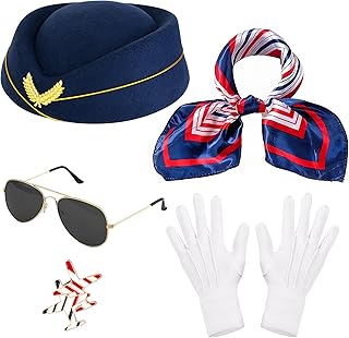5PCS Women's Flight Attendant Costume Accessories, Stewardess Costume Accessories with Hat Scarf Sunglasses Gloves - Buy now