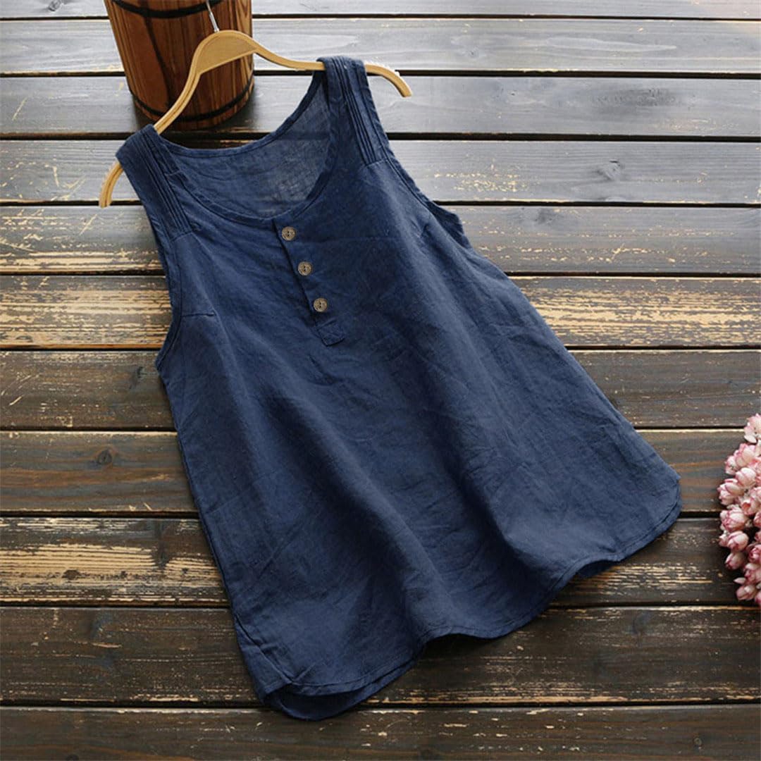 Lmtossey Camicia da donna in cotone e lino con bottoni e scollo rotondo Primavera ed estate Camicetta