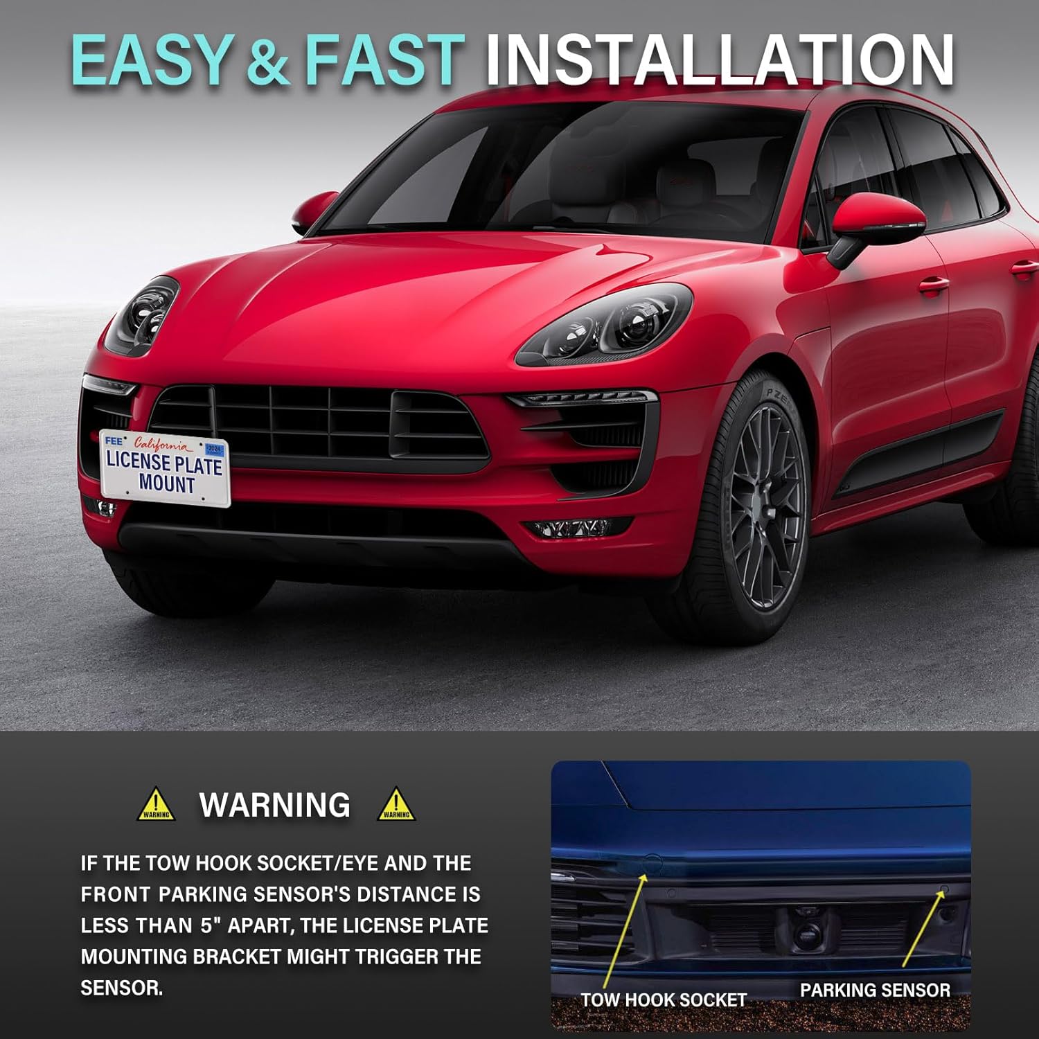 Aluminum Front Bumper Tow Hook License Plate Mount Bracket Holder No Drill Relocator Hole Adapter Compatible with 2014-2022 Porsche Macan, 2016-up Audi Q7