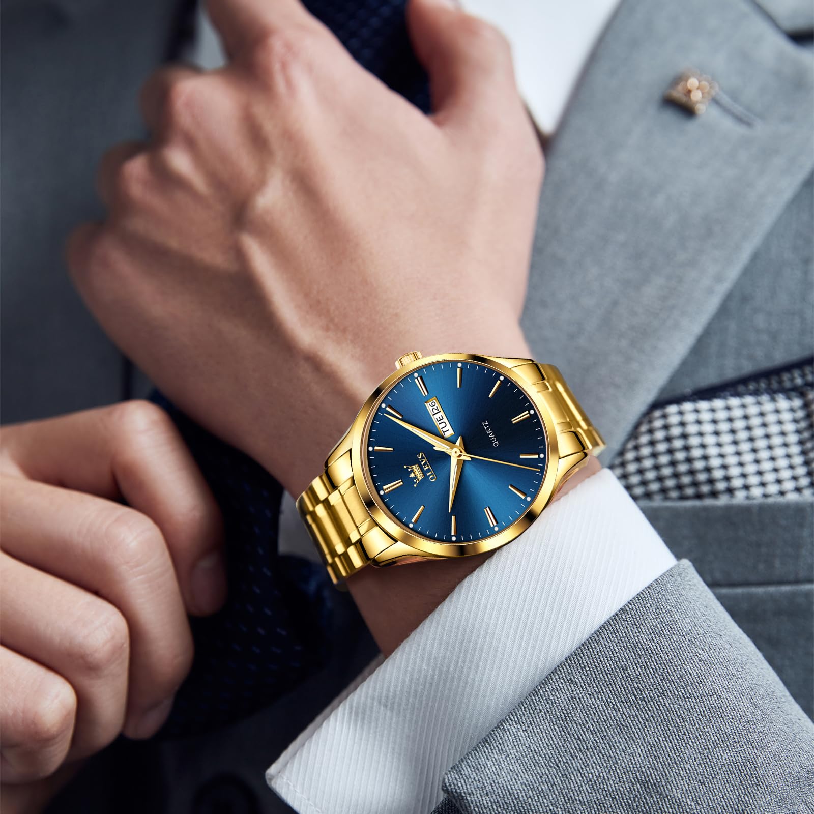OLEVS Hombre Relojes, Analógico Cuarzo Luminoso Resistente Agua, Doble Fecha Reloj Acero Inoxidable Reloj para Hombres, Clásico Números Romanos