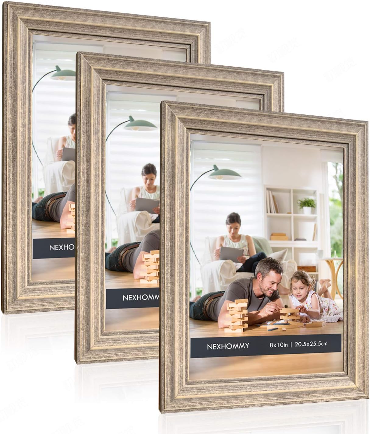 NexHome 8x10 Picture Frames Distressed Brown - Weathered Look (3 Pack) Farmhouse Wood Grain Designed with High Definition Glass For Table Top Display And Wall Hanging Set Of 3