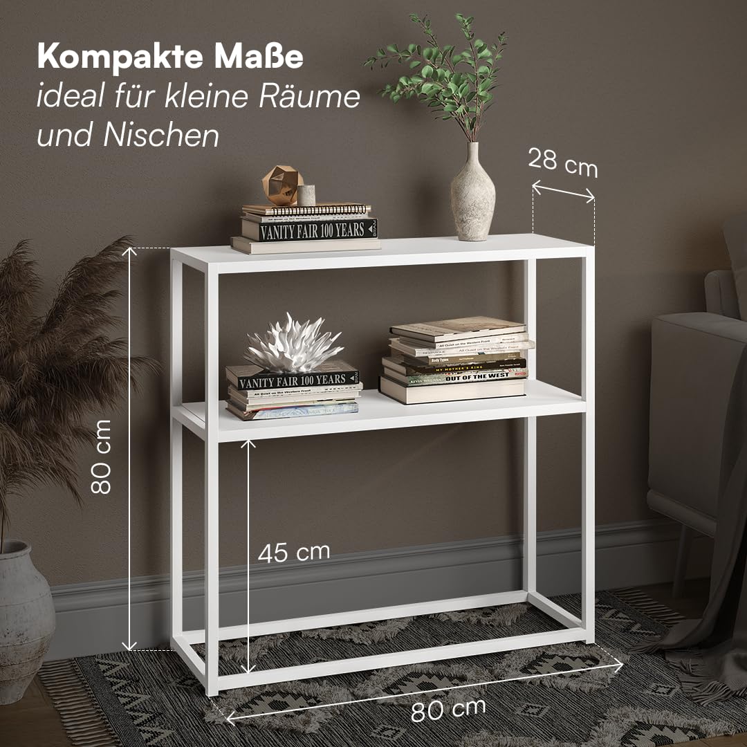 skølm Skadi Konsolentisch schmal aus Metall – Schmales Regal Weiß – Flurtisch mit 2 Ablagen – Beistelltisch mit verstellbaren Füßen - Sofatisch Flur/Wohnzimmer – Metallregal 80x28x80cm – Console table