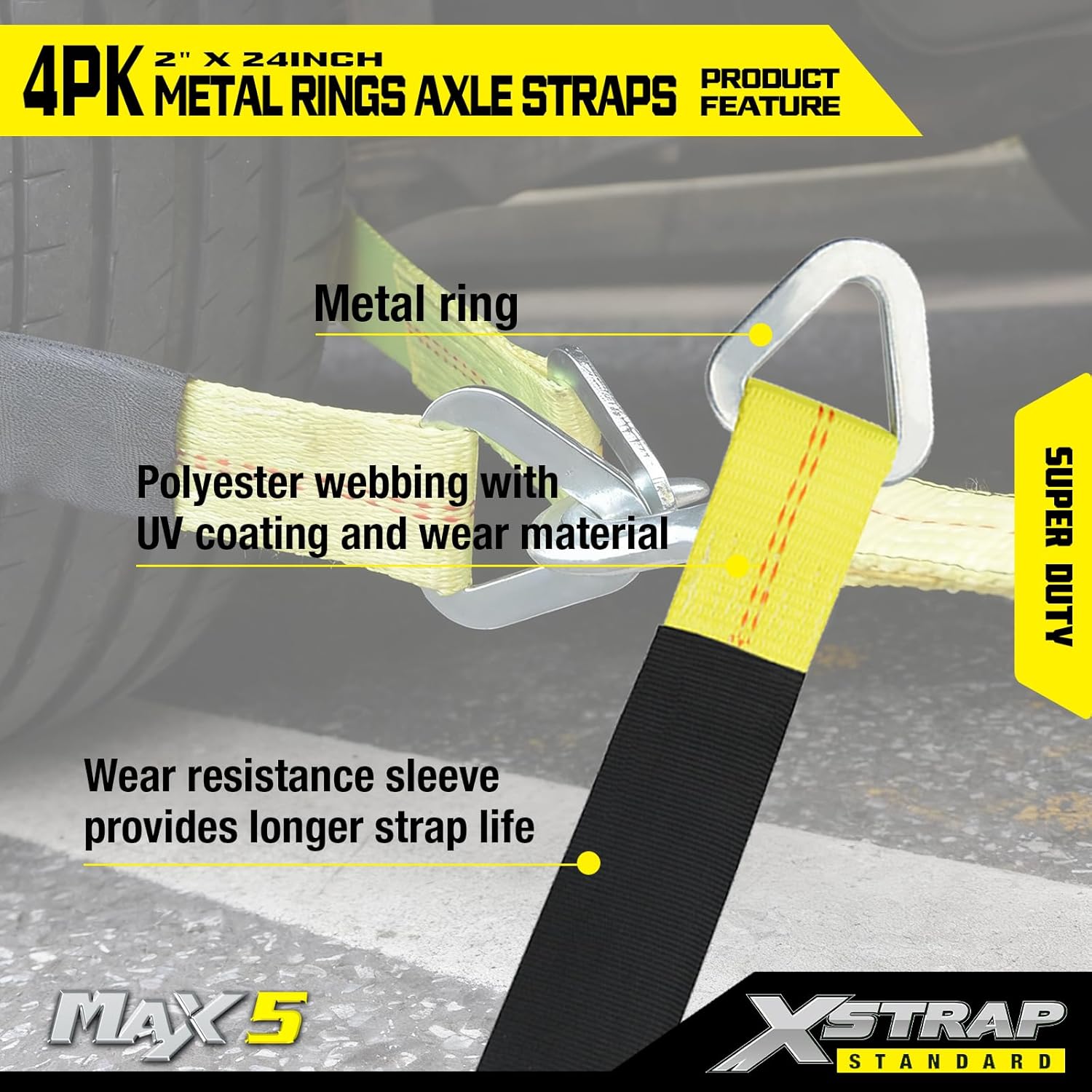 XSTRAP STANDARD 4 Pack of 24 x 2" Axle Strap with Protective Sleeve and D-Ring for Securing Car Transport, Axle Tie Down Straps - 3333 Lb. Capacity 10,000 Breaking Strength - Image 4