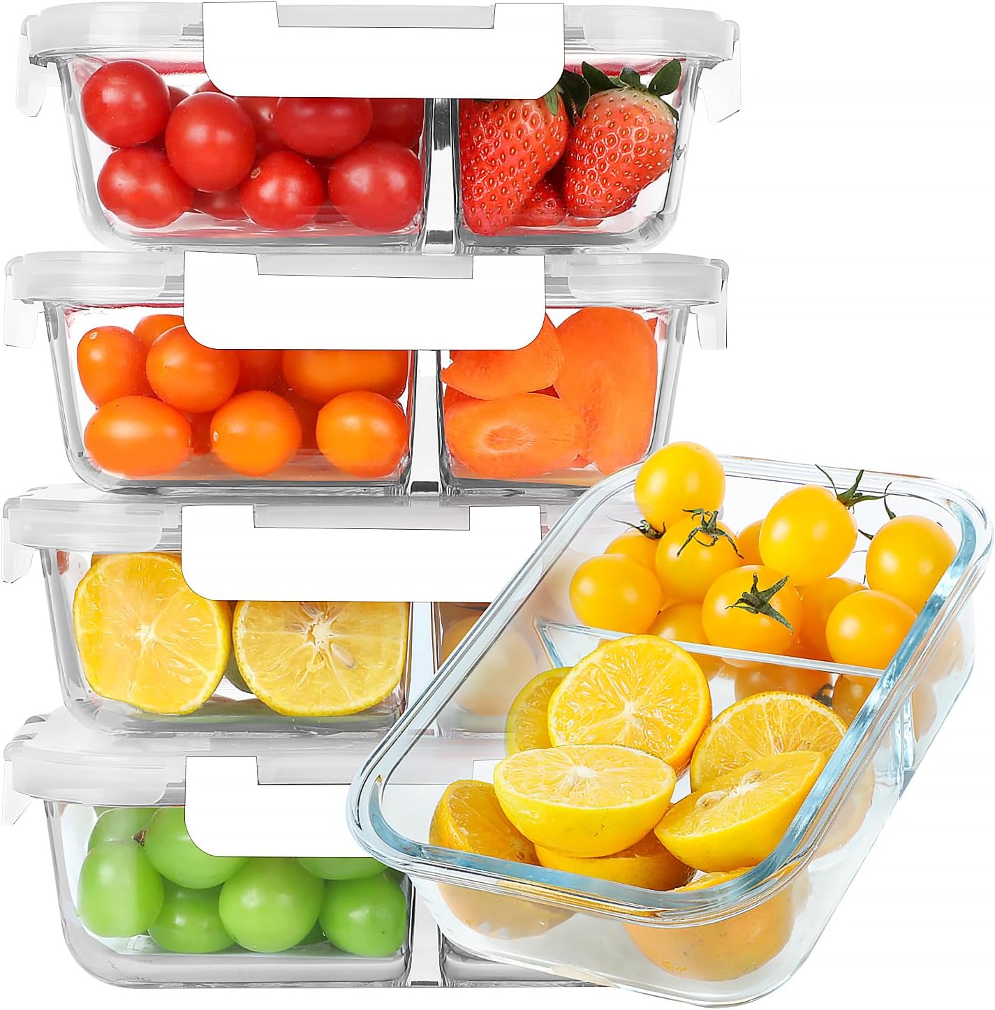 KOMUEE 30 oz 5 Pack Glass Meal Prep Containers 2 Compartments, Glass Food Storage Containers with Lids, Airtight Glass Lunch Box, Microwave, Oven and Freezer Safe, White