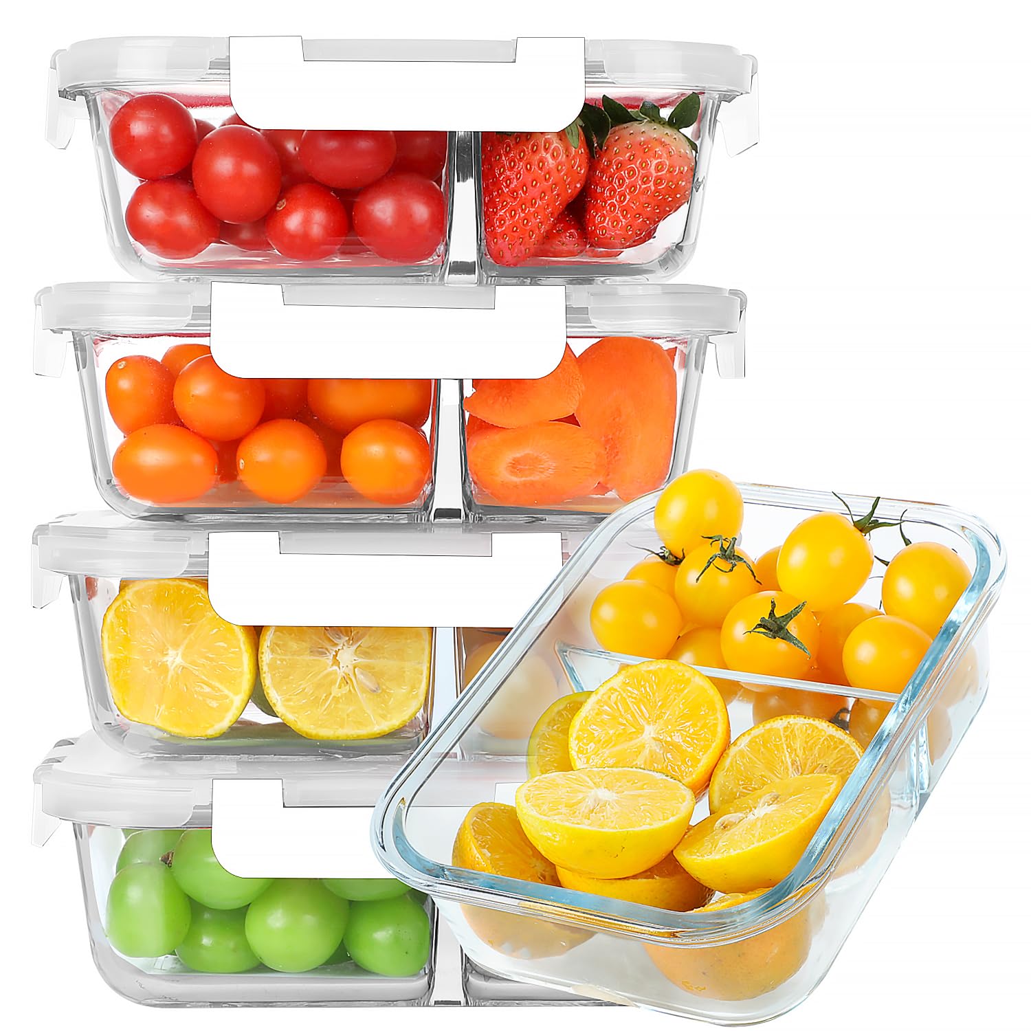 KOMUEE 30 oz 5 Pack Glass Meal Prep Containers 2 Compartments, Glass Food Storage Containers with Lids, Airtight Glass Lunch Box, Microwave, Oven and Freezer Safe, White