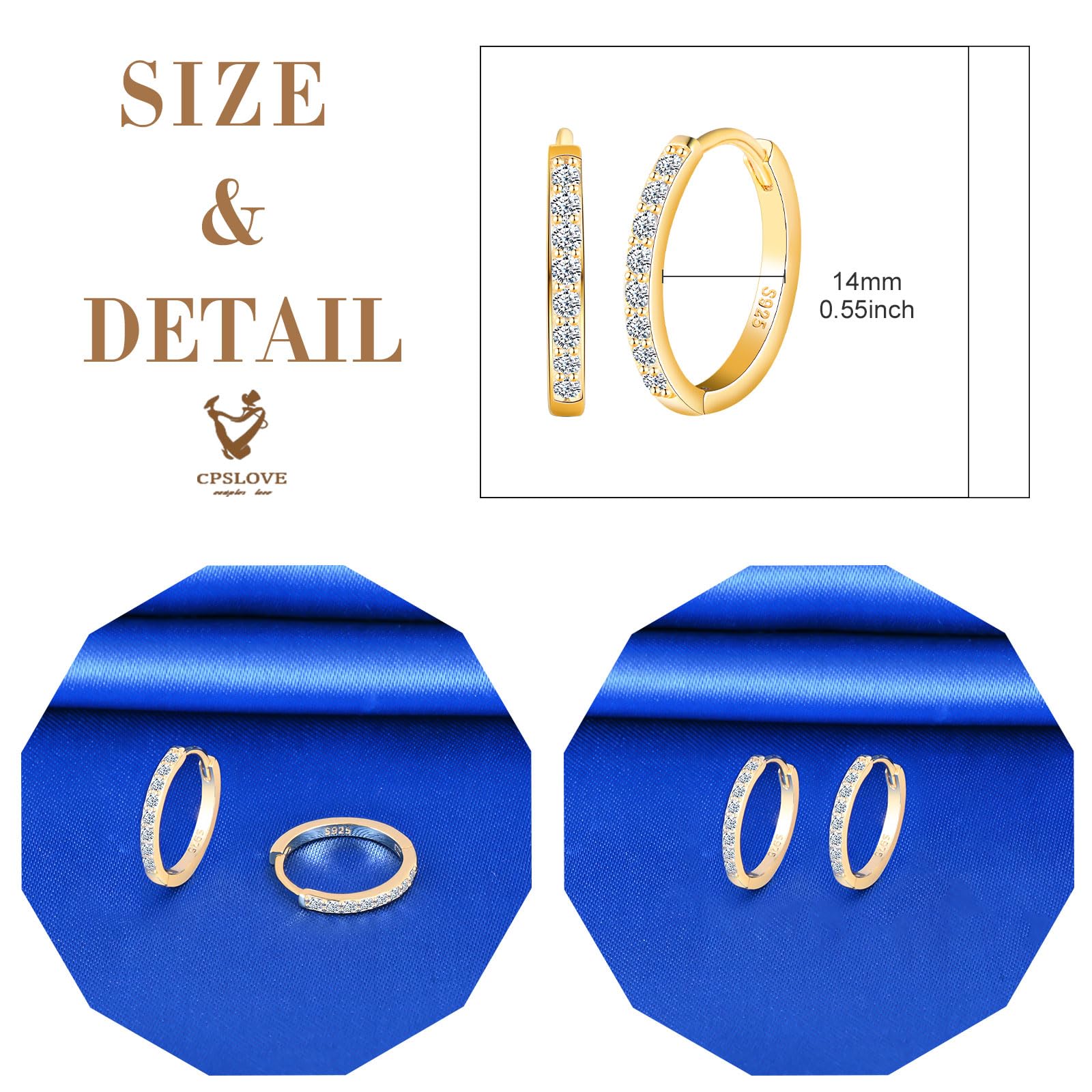 CPSLOVE Orecchini Cerchio da Donna Ragazze Eleganti Orecchini Cerchi con Zircone in Argento 925 Orecchini Creole de Diametro 1.4cm