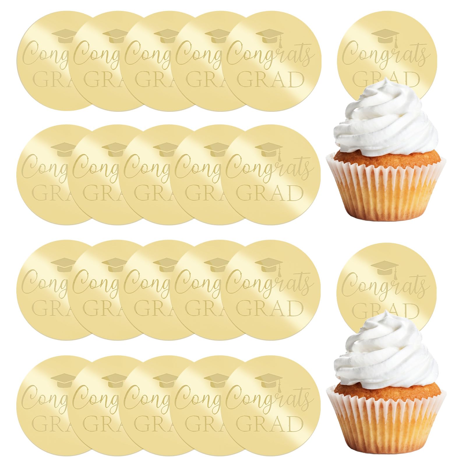 URROMA Round Cupcake Topper, 20Pcs Graduation Theme Golden Cake Decor for Graduation Party Acrylic Cupcake Picks Food Appetizer Picks