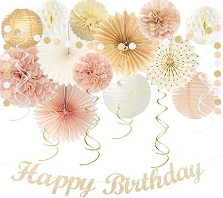 Acidea 21pcs Champagne-Gold Beige Boho Birthday Party Decorations, Retro Warm Paper Fans Party Decorations, Paper Flower Balls, Paper Streamers Lanterns, Rustic Backrop Party Decorations