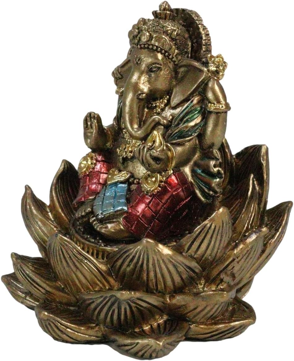 Ebros Gift Eastern Enlightenment Vastu Hindu Lord Deity Ganesha Ganapati Seated On Lotus Flower Blossom Mini Figurine Elephant God Remover of Obstacles Prosperity Sculpture