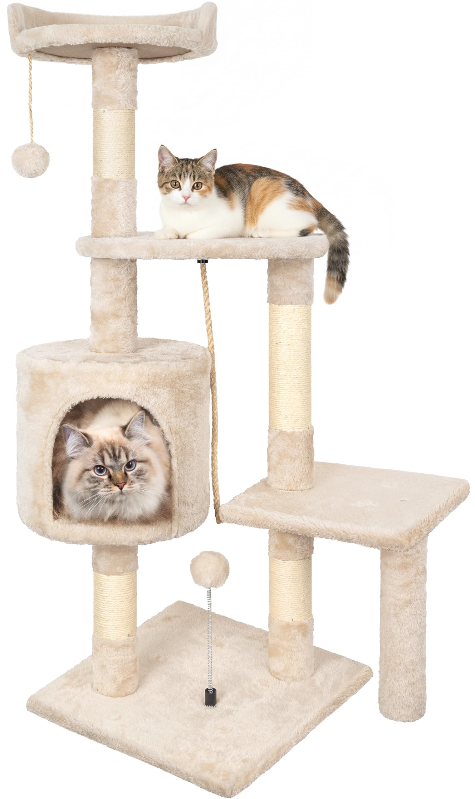 Tiragraffi per Gatti,112cm Multifunzionale Alberi Tiragraffi Stabile con 4 Pali in Sisal,3 Piattaforme e 1 Cuscino per Albero Gatti Ideale per Gioco e Relax-Beige
