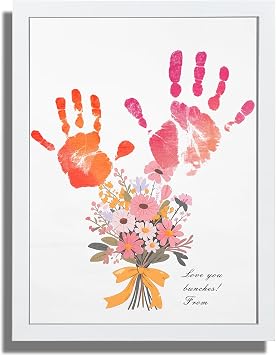 Bixinyo Flower Bouquet Handprint Kit, Gifts for Mothers Day, Grandma, Mom, Grandparents from Daughter/Kids, Unique Gifts for Birthday Christmas, DIY Art Craft 12" X 16" Frame Bow, White