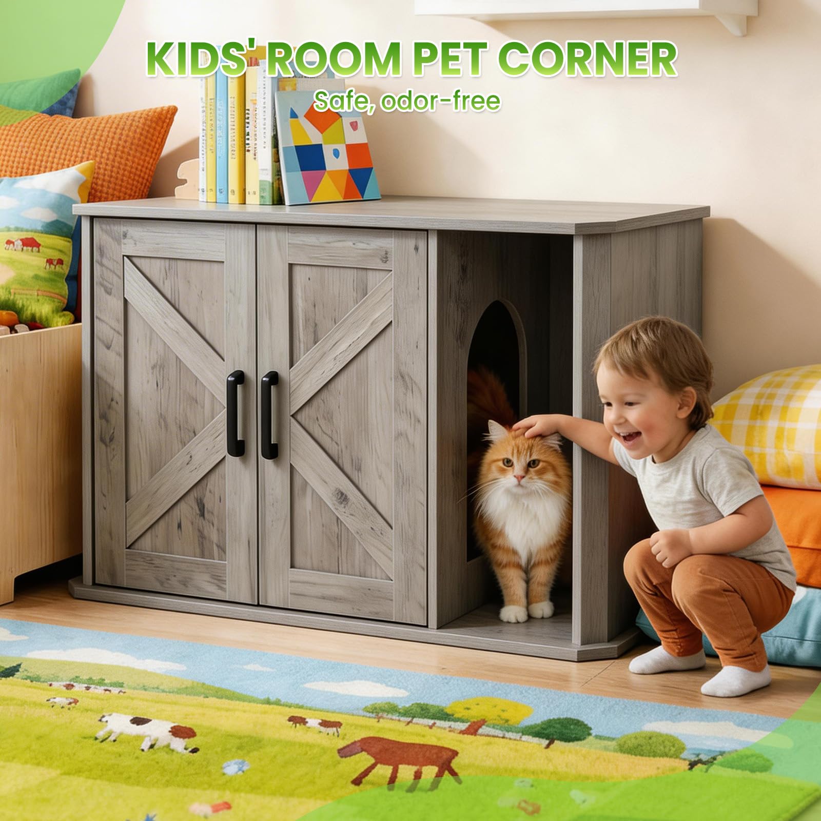 Katzenklo Schrank, Katzentoilettenmöbel, 2 Türen mit Seiteneingang | 85 x 49 x 50 cm, PB-Spanplatte, pflegeleicht, verstecktes Katzenklo, für kleine Räume, 3 Farben: Weiß, Weiß+Braun, Grau