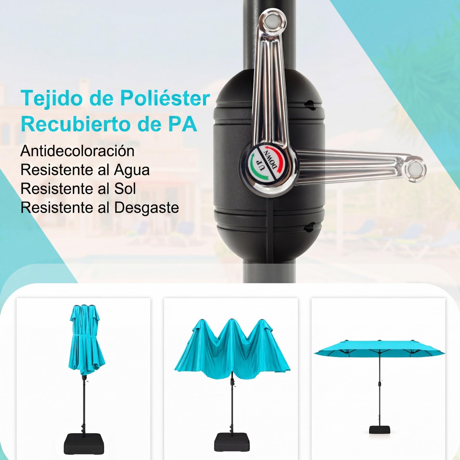 GOPLUS 4x2m Sombrilla Doble Terraza Exterior con Base, Parasols Jardin Grandes con 12 Varillas, Manivela, Protección Solar, Sombrilla Rectangular para Terraza, Piscina, Playa(Turquesa, 4x2 m)