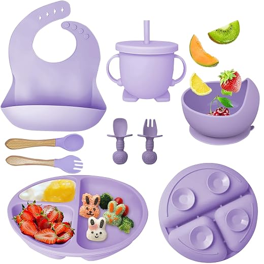 Mrkyy Baby Feeding Set 8 Piece | Baby Led Weaning Utensils Set Includes Suction Bowl and Plate, Baby Spoon and Fork, Sippy Cup with Straw and Lid | Baby Feeding Supplies -Purple
