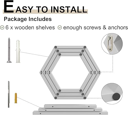 Miniatura 6 de Estantes flotantes hexagonales de madera montados en la pared juego de 6 estantes flotantes geométricos para decoración de pared estantes de pared
