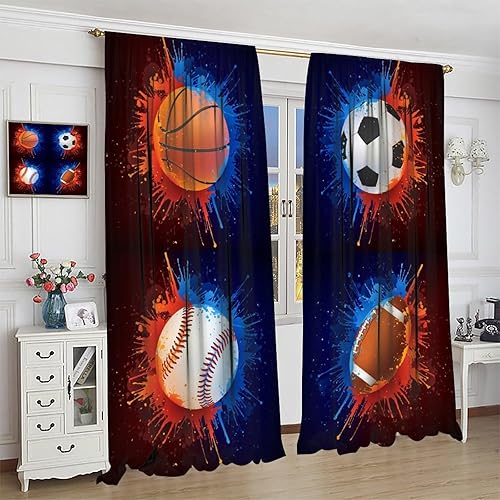 Vista 4 de Boys Sports Curtains Basketball Football Baseball Flame Pattern Printed Curtains Kids and Teenagers' Bedroom Living Room Blackout Curtains W42 * L54