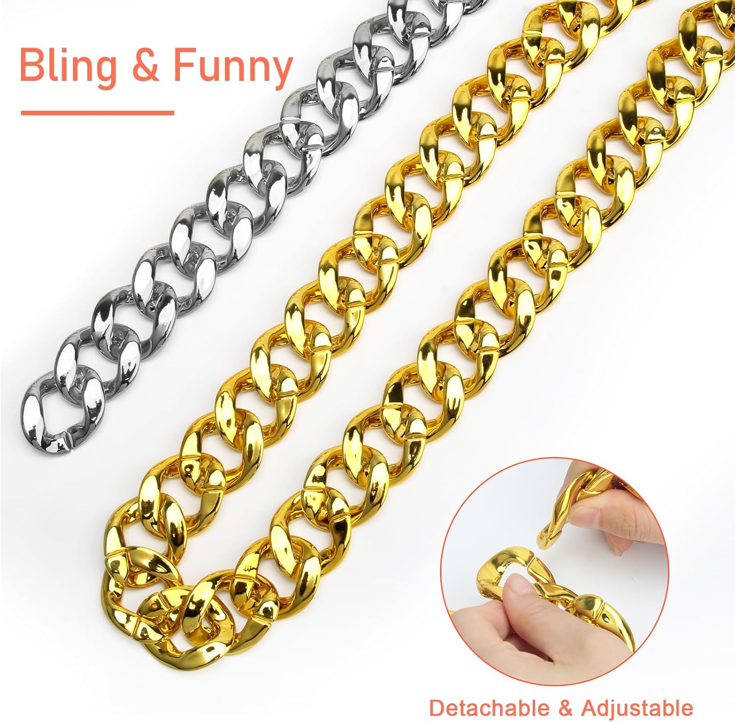 2 Pack Plastic Gold & Silver Chain, 36 Inch Plastic Chain Necklace, Costume Gold Chain Rapper Men Costume Accessory for Party Bar - Image 3
