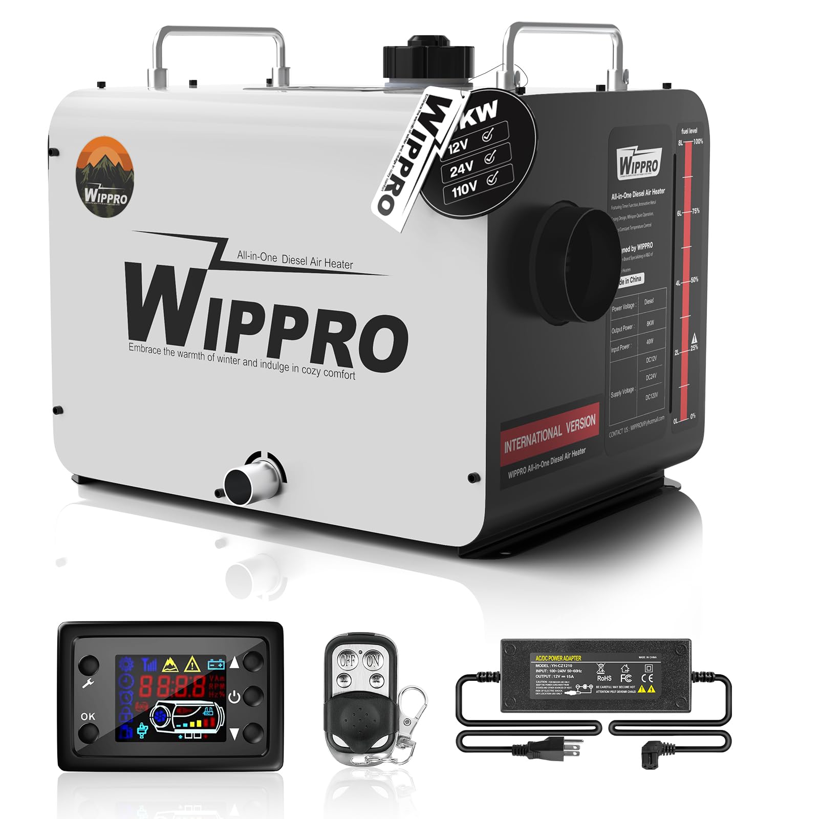 WIPPRO Diesel Heater 8KW,12V/24V/110V 8L Diesel Air Heater with LCD Switch, Remote Control, for Campers, Car, RV Truck, Boat, Campervans, Caravans