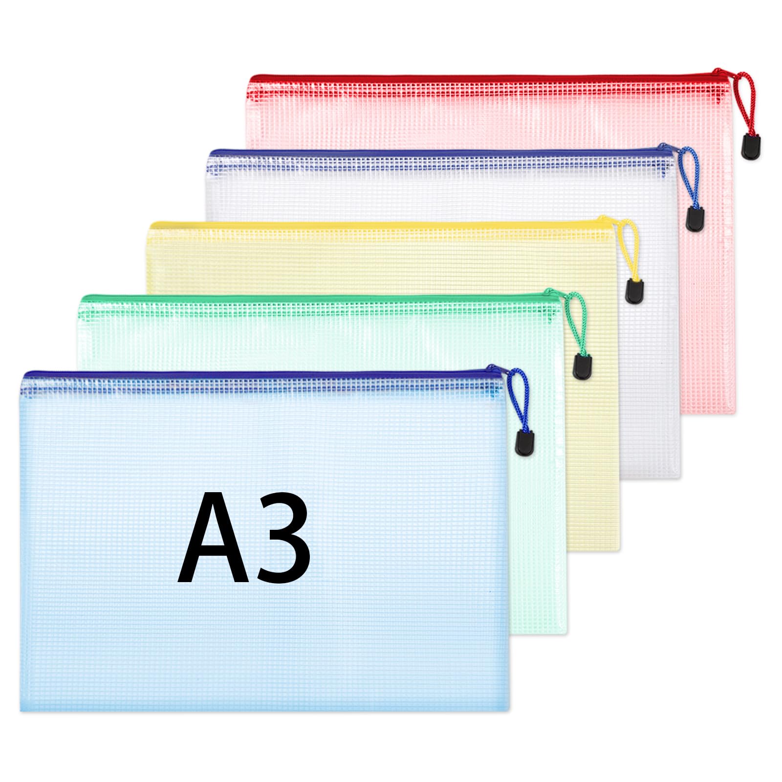 A3 Plastic Wallets, 5 Pack Zip Lock Bags Mesh Document Wallet File Folders Zip Pouches with Labels for School Office Supplies Home Travel Storage (5 Colors)