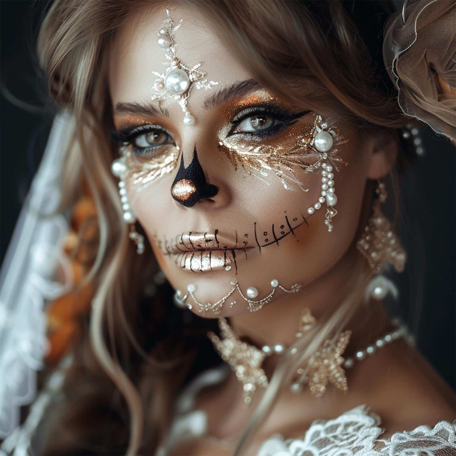 Kit de pintura facial en blanco y negro, kit de maquillaje de Halloween incluye pintura, pincel, accesorios de disfraz, hoja de cristal para maquillaje de esqueleto SFX 6