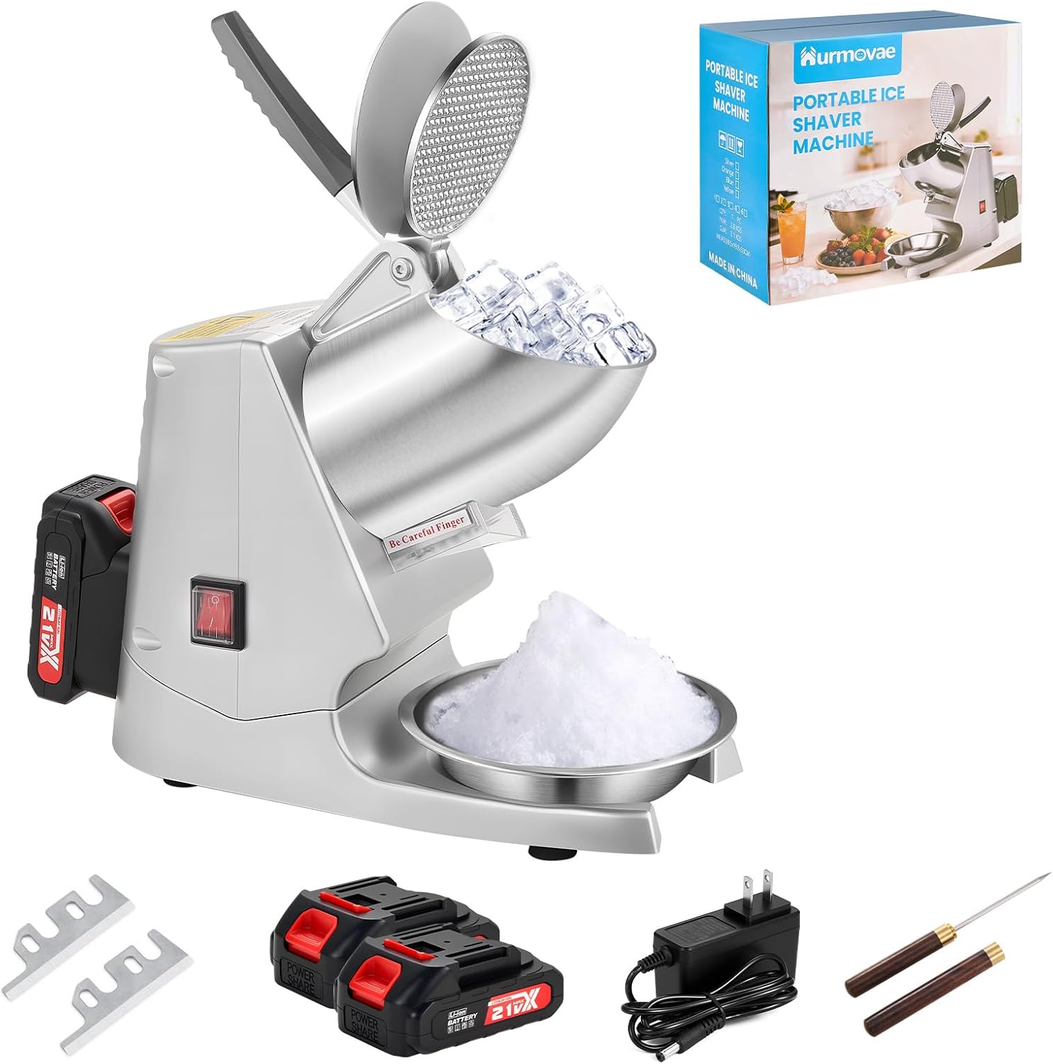 178Ibs/h Cordless Portable Ice Shaver Machine with Dual Blade, Dual Batteries &Ice Pick, 180W Battery Powered Ice Cusher Machine for Home Use &Outdoor (Backyard & Patio), Extra Blades, Silver
