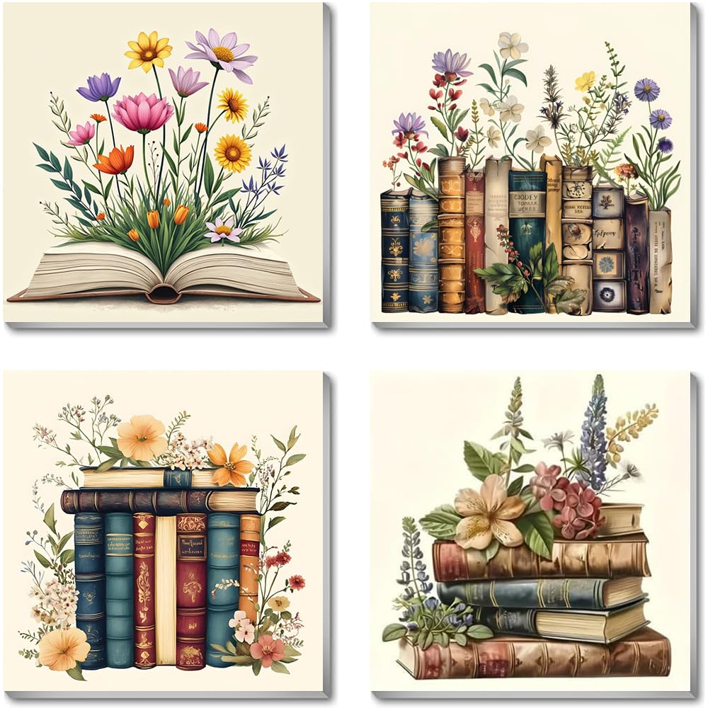 Jakener 4 Pack Paint by Numbers for Adults,Books Painting by Numbers for Adults Canvas Kits,Book Flower Adult Paint by Numbers Kits with Frame,DIY Acrylic Oil Painting for Home Wall Decor 10x10 inch