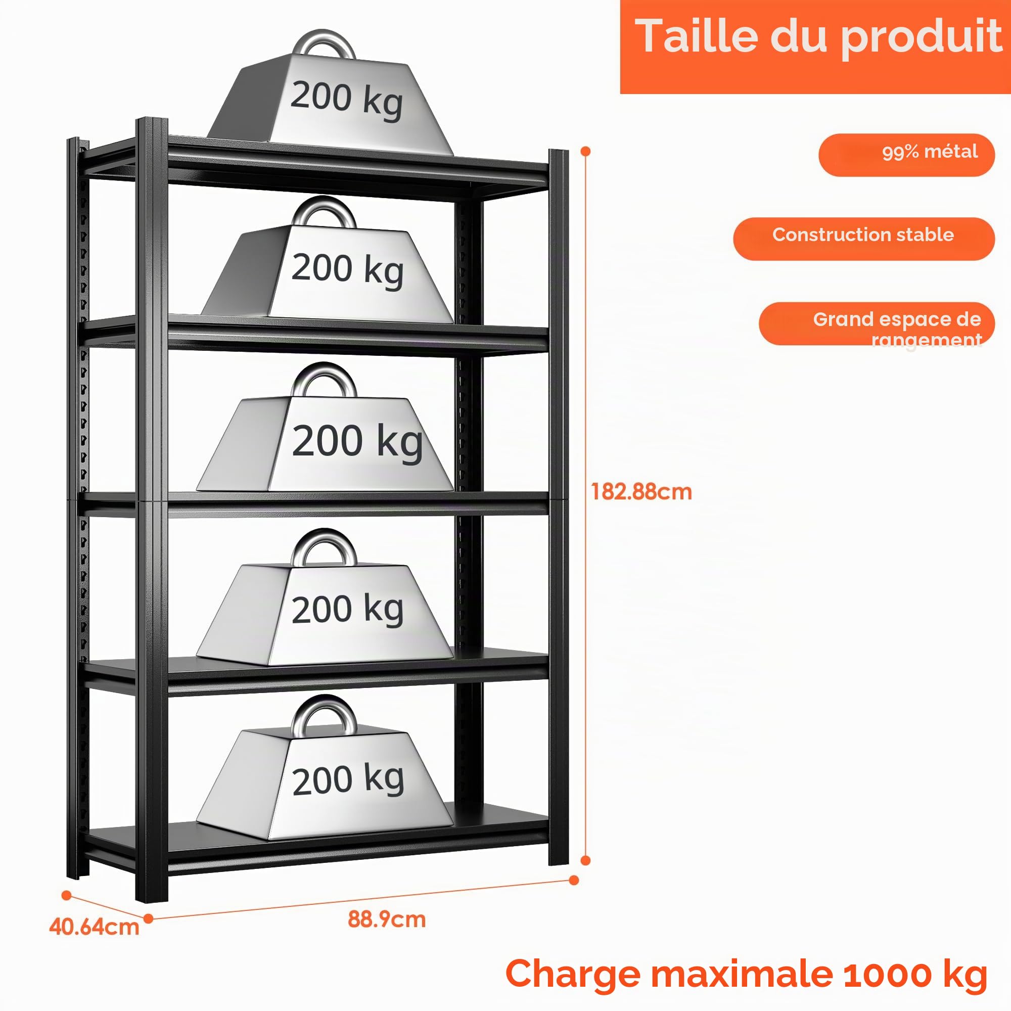 SUPEER Étagère pour charges lourdes - Meuble de rangement en métal - 183 x 90 x 40 cm - Noir - 5 étagères réglables - Pour cave, stockage - Charge maximale : 1000 kg