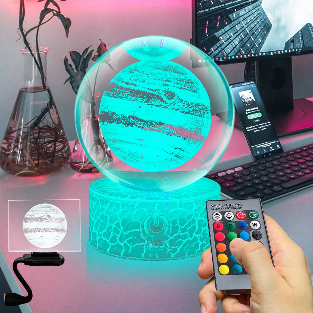 Fanrui 80MM Jupiter Planet Figurine Statue - 3D Crystal Jupiter Figure Sphere Lamp for Desktop Tabletop Decor - Jupiter Paperweight Stuff for Outer Space Themed Bedroom - 16 Colors Change Night Light