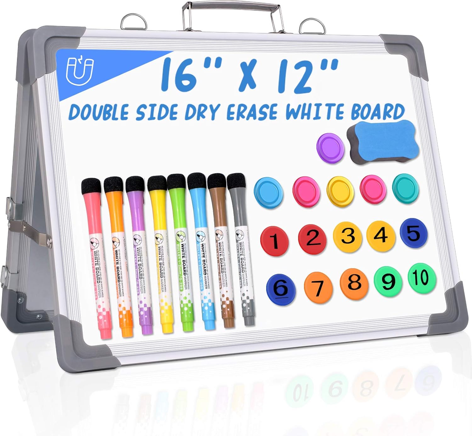 12" x 16" Small Double Sided Magnetic Dry Erase White Board with Holder and 10 Digital Magnets Beads, 8 Pens, 6 Magnets & 1 Eraser Foldable Desktop Whiteboard for School Home Office