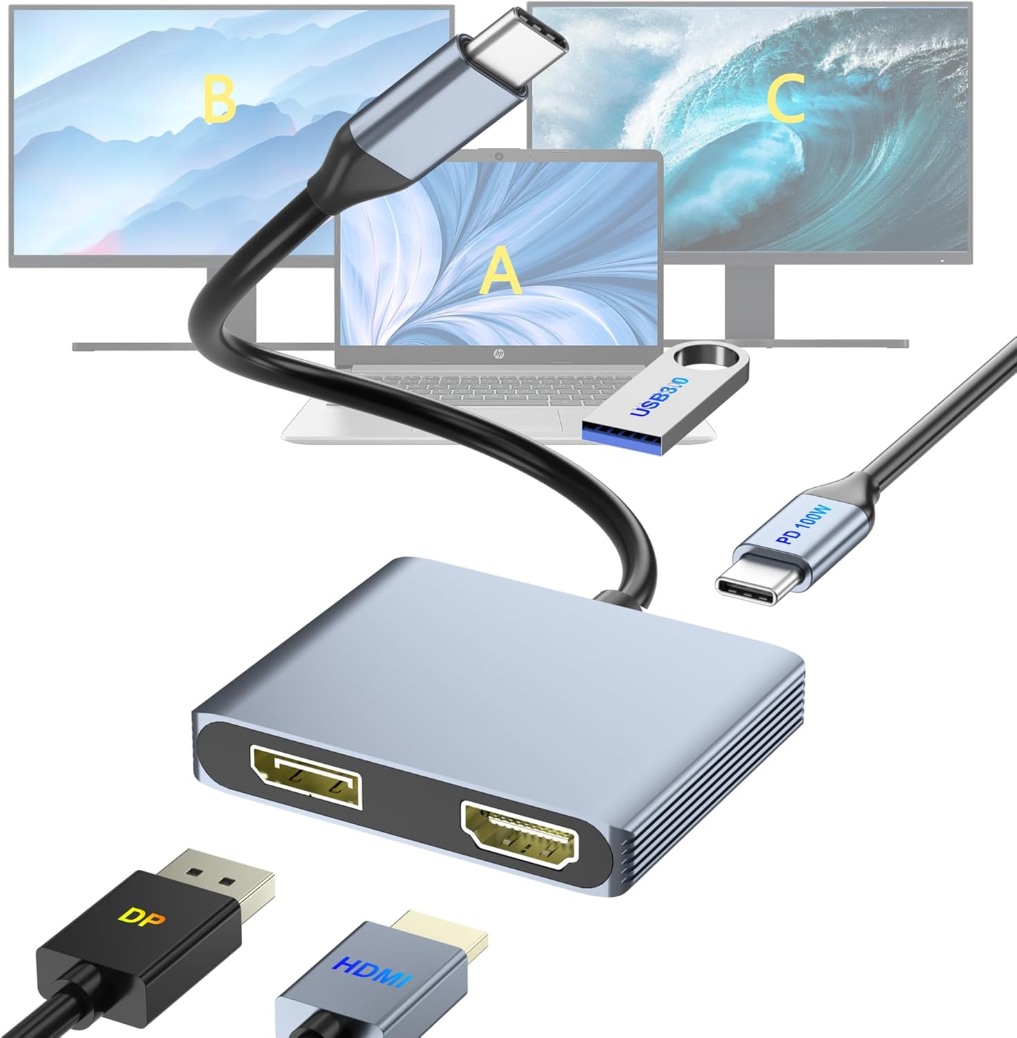USB C to DisplayPort and HDMI Adapter 4-in-1 with 100W PD & USB 3.0 Support Splitter Extended Display for Type C Devices, MacOS Only Mirrors Same Screen(SST), Windows Extend Two Different Screen