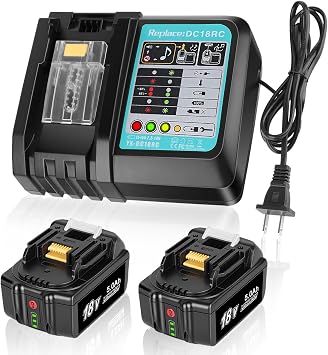 KUNLUN 2Pack بطاريات 18 فولت 5.0 أمبير لبطارية ماكيتا 18 فولت ومجموعة شاحن DC18RC، متوافقة مع بطارية ماكيتا 18 فولت LXT Li-ion BL1860 BL1850 BL1840 BL1830 BL1820 BL1815 أدوات الطاقة اللاسلكية